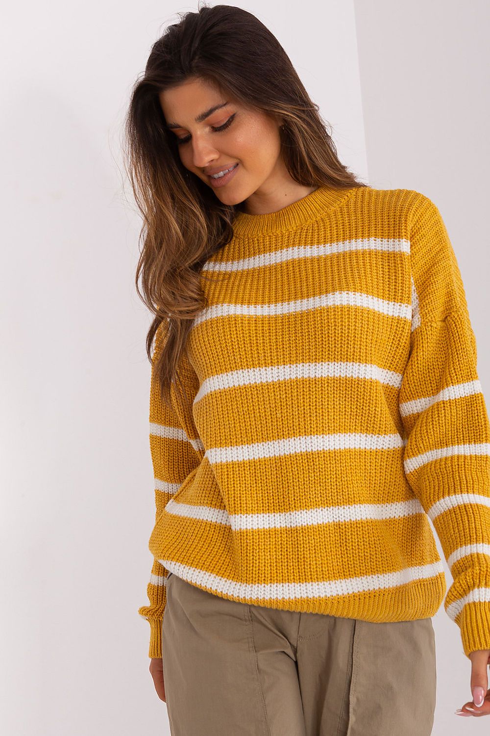 Badu luxury round neckline jumper sweater showcasing a stylish stripe design, ideal for casual wear and various occasions.