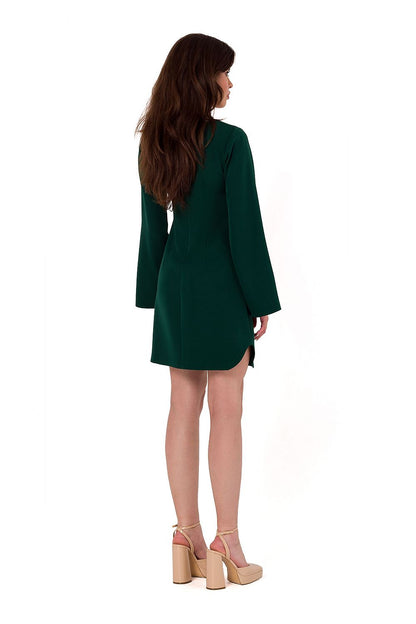 Elegant women's cocktail dress by Makover featuring a teardrop neckline and decorative trim, Made in Poland, ideal for special occasions.