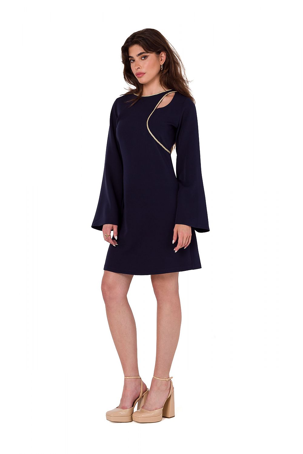 Makover's stylish cocktail dress showcasing long wide sleeves and below-the-knee length, crafted with high-quality fabric in Poland.