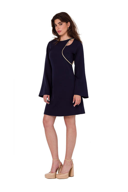 Makover's stylish cocktail dress showcasing long wide sleeves and below-the-knee length, crafted with high-quality fabric in Poland.