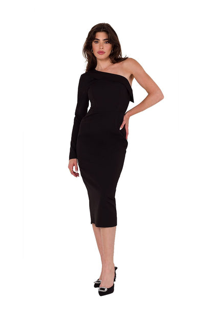 Full view of the knee-length Elegant Evenings pencil dress by Makover, featuring a sensual one-shoulder cut and elegant fit, perfect for formal occasions.