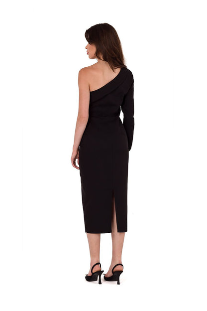 Side view of the Elegant Evenings pencil dress with a covered zipper by Makover, emphasising its chic design and high-quality finish.