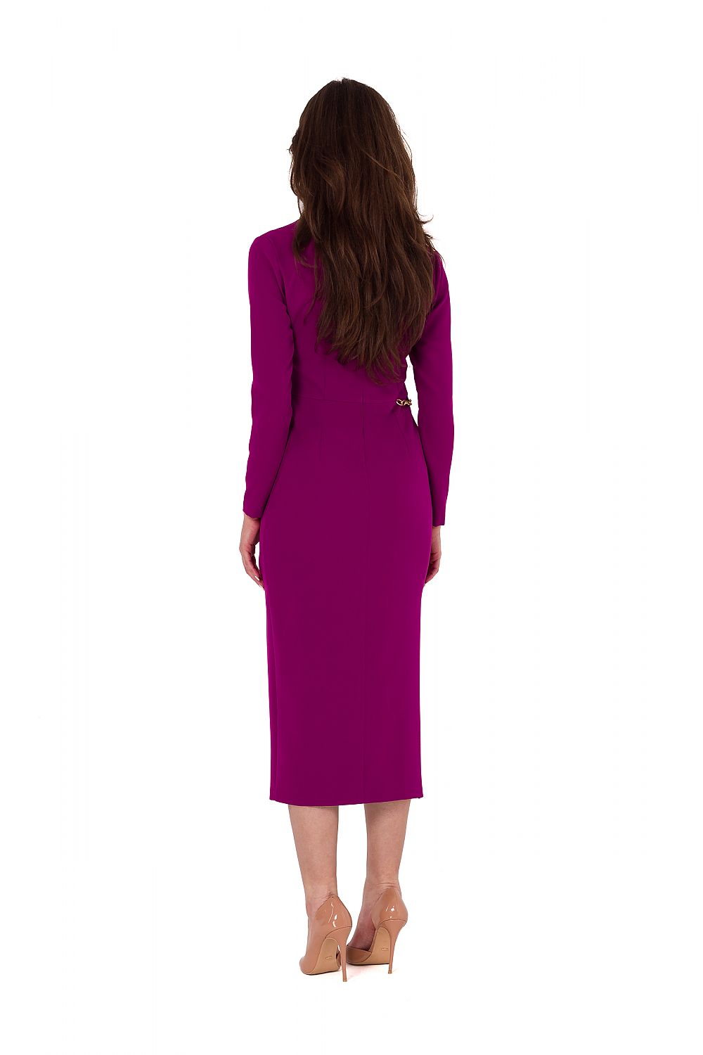 Back view of Luxury Asymmetrical Midi Evening Dress with Long Sleeves by Makover, highlighting the covered zipper and flowing silhouette.