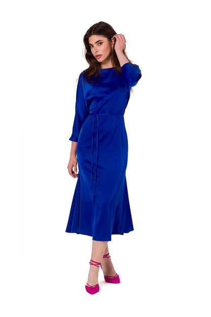 Elegant satin midi dress with kimono sleeves and waist belt by Makover, showcasing a luxurious boat neckline and refined silhouette, handmade in Poland.