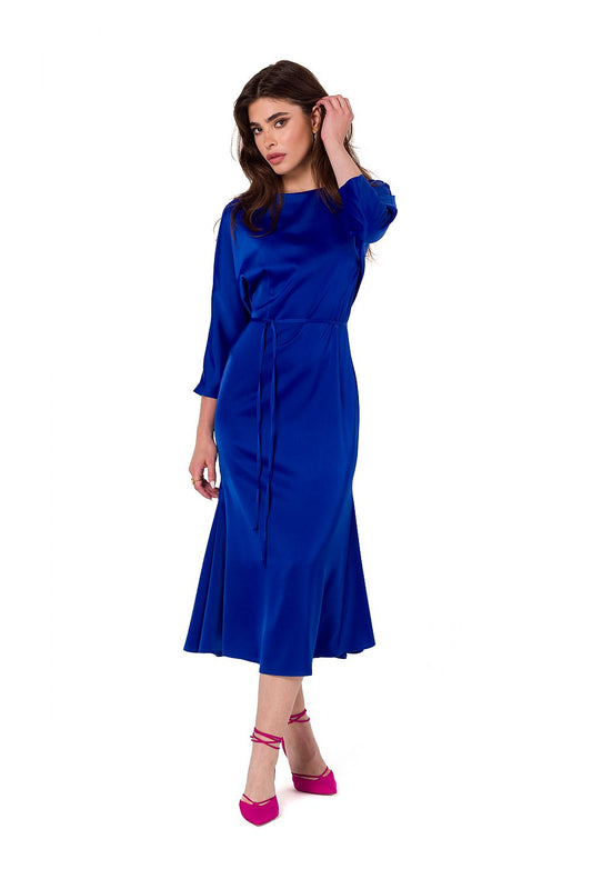 Elegant satin midi dress with kimono sleeves and waist belt by Makover, showcasing a luxurious boat neckline and refined silhouette, handmade in Poland.