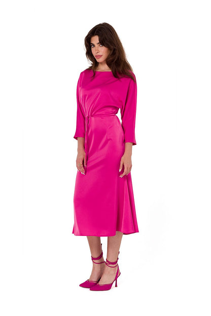 Elegant satin midi dress designed by Makover, featuring kimono sleeves and a stylish waist belt, handmade in Poland.