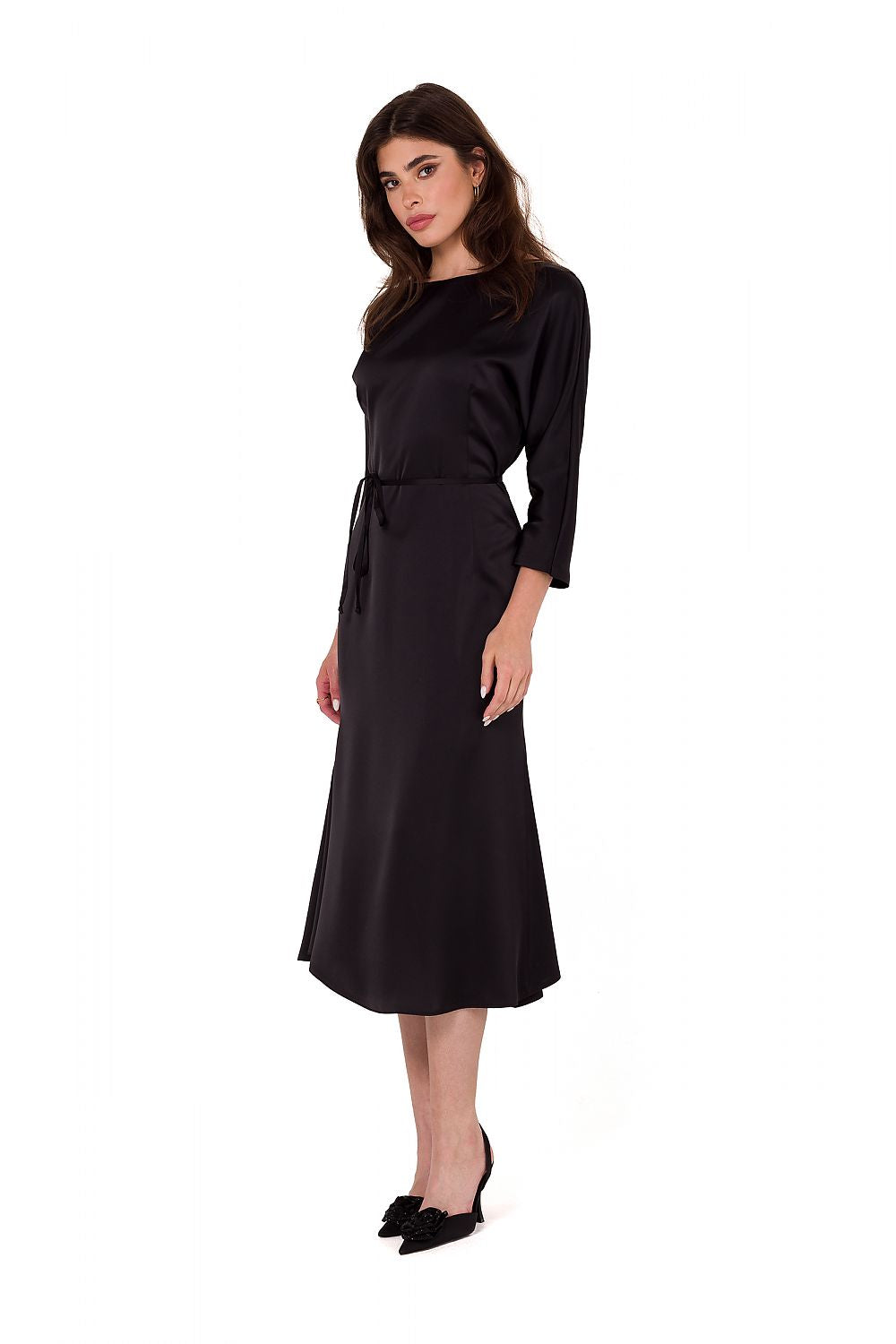 Stylish back view of the Makover satin midi dress, highlighting the covered zipper and waist belt, designed for graceful movement.