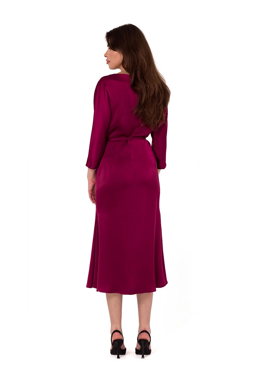 Elegant satin midi dress with kimono sleeves and waist belt by Makover, showcasing exquisite craftsmanship and luxurious fabric, handmade in Poland.