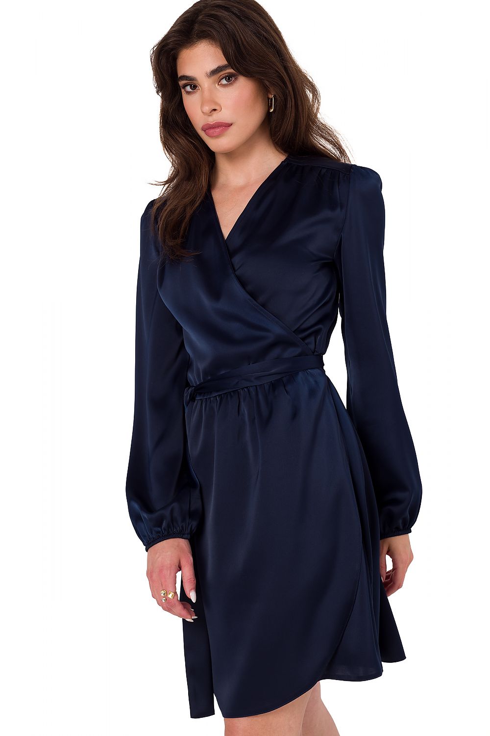 Elegant satin evening dress by Makover featuring a feminine envelope cut and long sleeves, perfect for luxurious occasions.