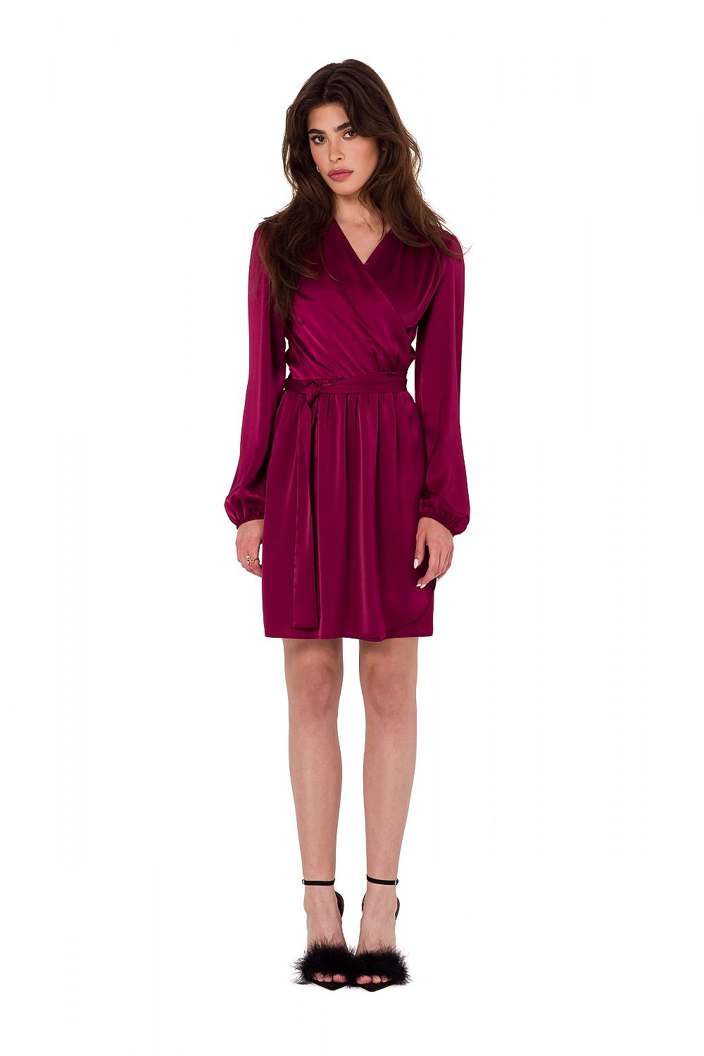 Side profile of the Makover satin evening dress highlighting its comfortable fit and sophisticated silhouette.