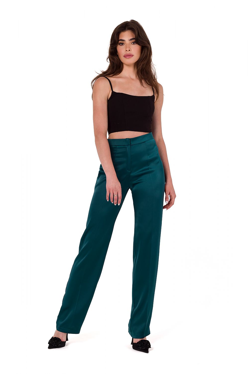 Elegant satin trousers for women by Makover with classic straight leg design, offering unlined comfort for stylish attire.