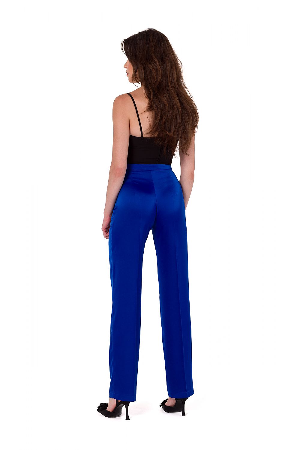 Elegant satin trousers for women by Makover, showcasing classic straight leg design and luxurious unlined comfort, perfect for a sophisticated look.