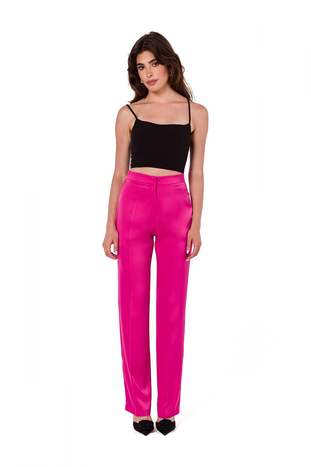 Close-up of Makover's satin trousers for women, highlighting premium quality stitching and fashionable style details for a chic appearance.
