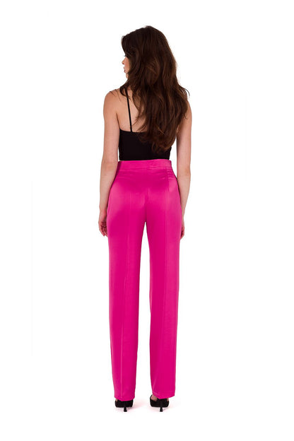Stylish hanger display of Makover's satin trousers for women, demonstrating the luxurious smooth texture and contemporary design elements.