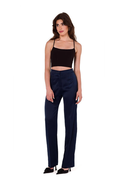 Flat lay of Makover's elegant satin trousers for women, emphasizing the classic straight leg cut, perfect for versatile styling.
