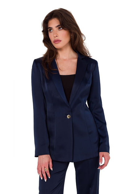 Full view of Makover's classy satin jacket with padded collar and long sleeves, ideal for versatile women's outfits.