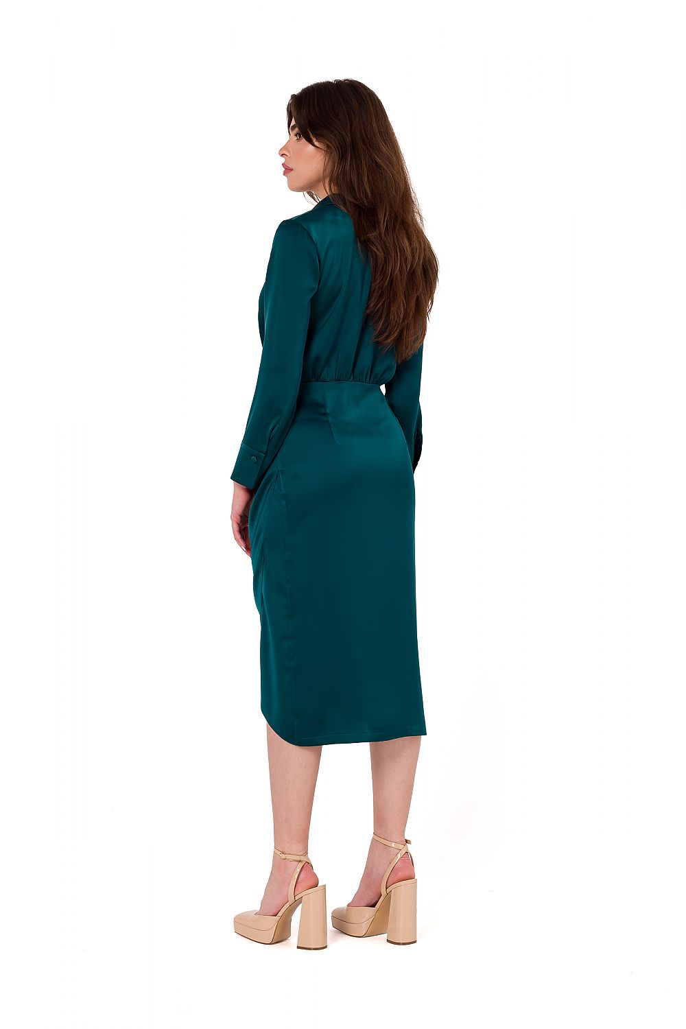 Side view showcasing the asymmetrical double skirt and buttoned cuffs of the Makover elegant satin cocktail dress.