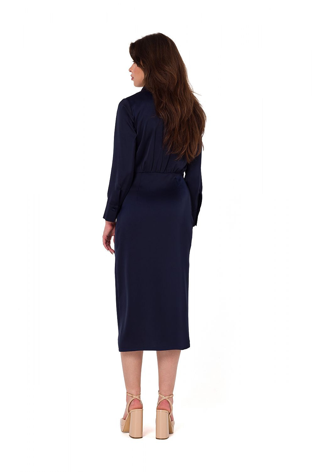 Lifestyle shot of a model wearing the Makover elegant satin dress, highlighting its exclusive design and luxurious fabric.