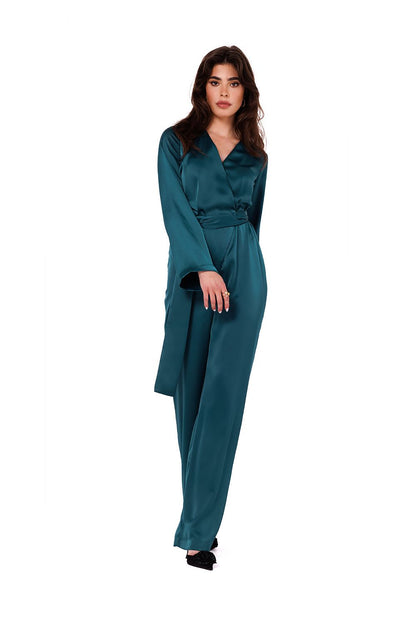 Elegant satin jumpsuit by Makover featuring a V-neckline and wide sleeves, perfect for sophisticated women's fashion occasions.