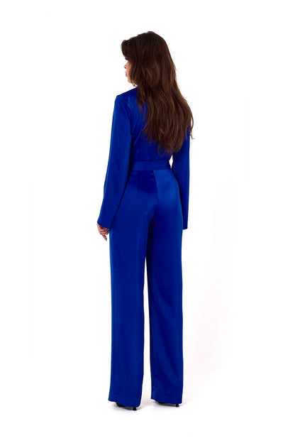 Back view of the Makover satin jumpsuit, emphasizing its covered zipper closure and tailored fit for a chic appearance.