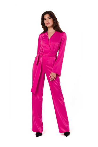 Elegant satin jumpsuit by Makover featuring a deep V-neckline and wide sleeves, perfect for luxurious women's fashion occasions.