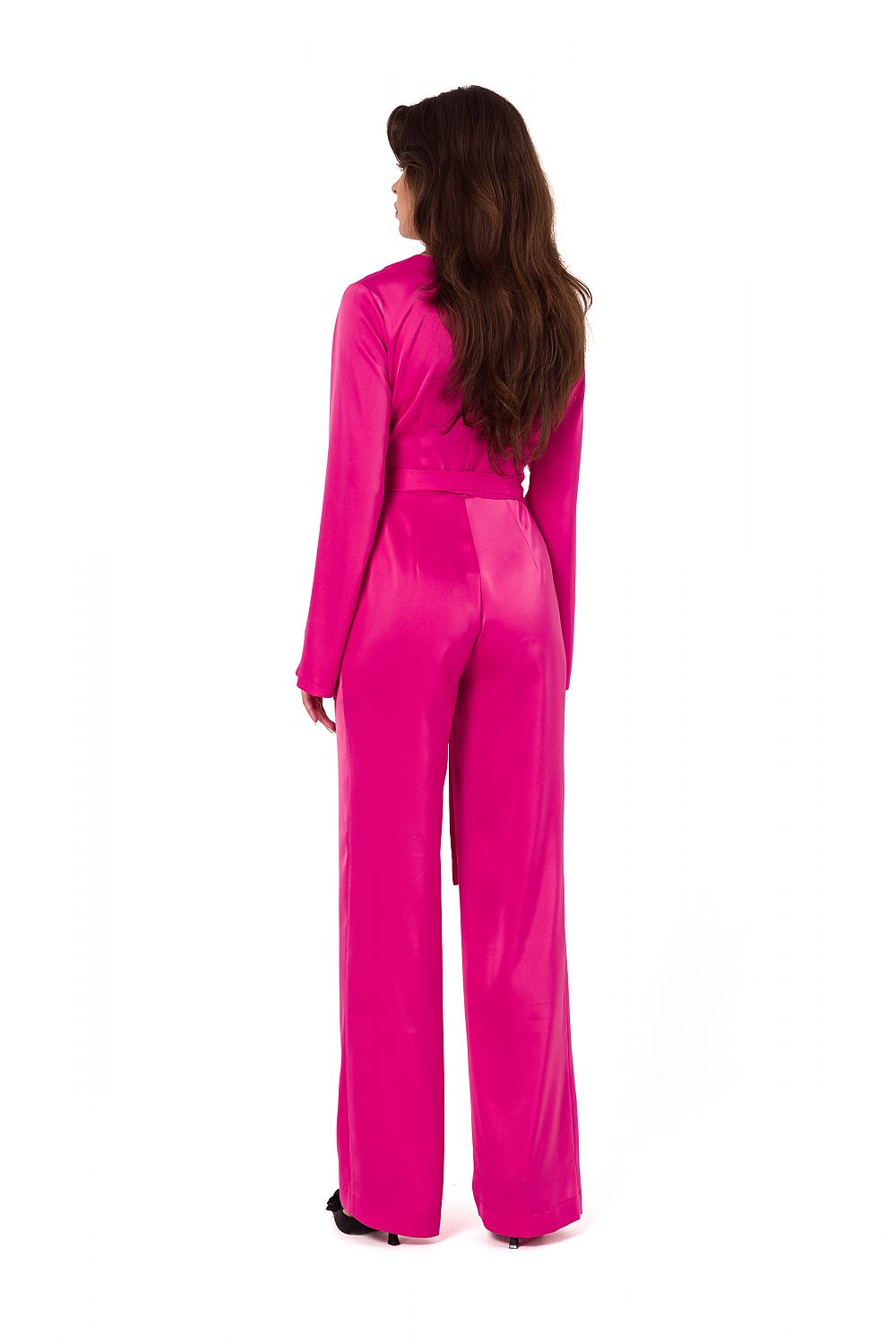 Close-up view of Makover's satin jumpsuit waist with a stylish tied belt accentuating feminine curves and elegance.