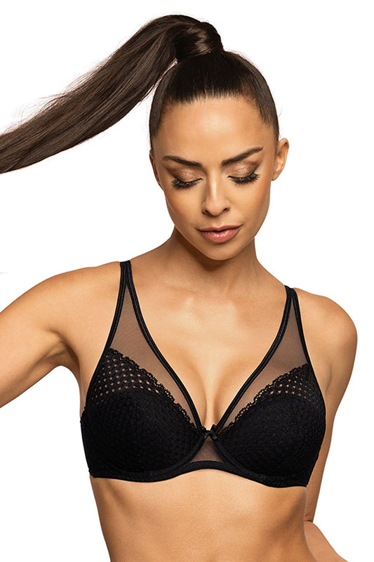 Elegant black push-up bra by Mat featuring delicate lace and mesh detailing for a luxurious look.