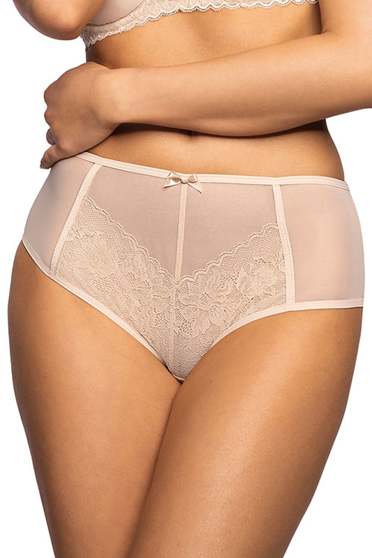 Luxury lace panties in elegant beige with cotton gusset, designed by Mat. High waist women's underwear showcasing delicate lace inserts for sophisticated style and comfort.