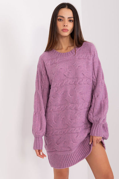 Luxurious oversized long acrylic sweater dress by AT featuring variegated texture for comfort and style.