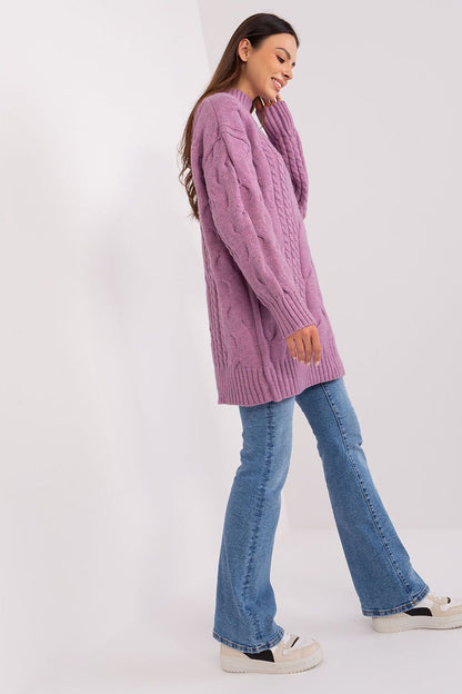 Luxurious oversized long turtleneck jumper in variegated acrylic blend by AT, showcasing its unique fabric texture and comfortable fit.