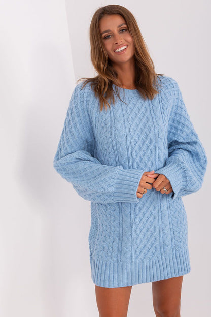 Elegant long-sleeved sweater dress by AT featuring a unique variegated texture and soft acrylic fabric.