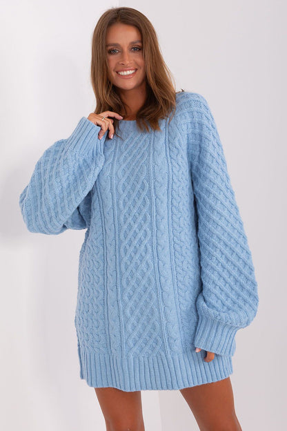 Chic variegated acrylic sweater dress by AT, ideal for layering and winter outings with a modern aesthetic.