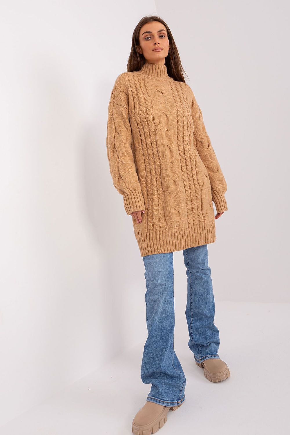 Elegant long sweater by AT in a stylish oversized fit, featuring a unique variegated fabric pattern and turtleneck design.