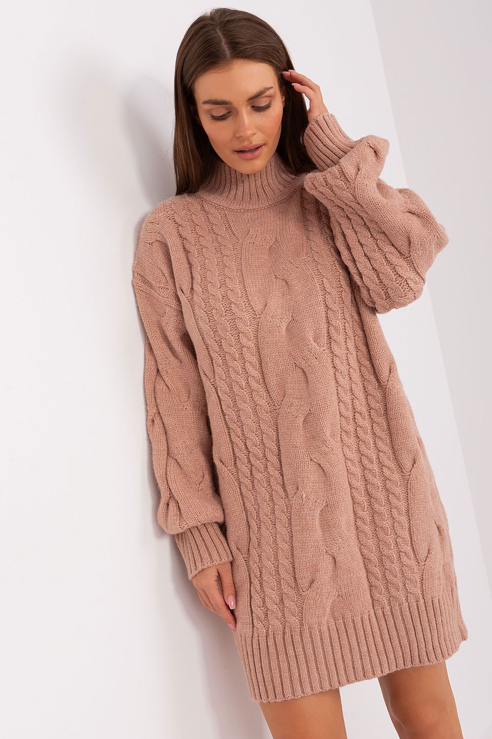 Sophisticated long sleeve turtleneck sweater by AT, boasting a unique oversized silhouette in a warm acrylic blend.