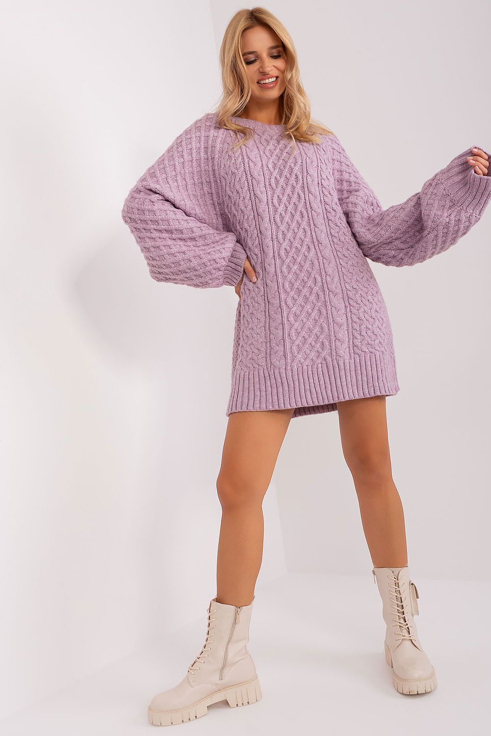 Oversized long sweater dress in variegated acrylic blend by AT, perfect for adding warmth and elegance to your winter wardrobe.