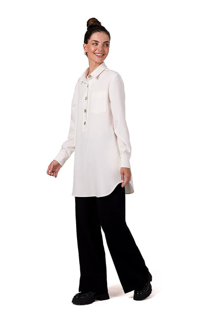 Elegant BeWear tunic with collar and button cuffs, crafted from 100% polyester, showcasing sophisticated design made in Poland.