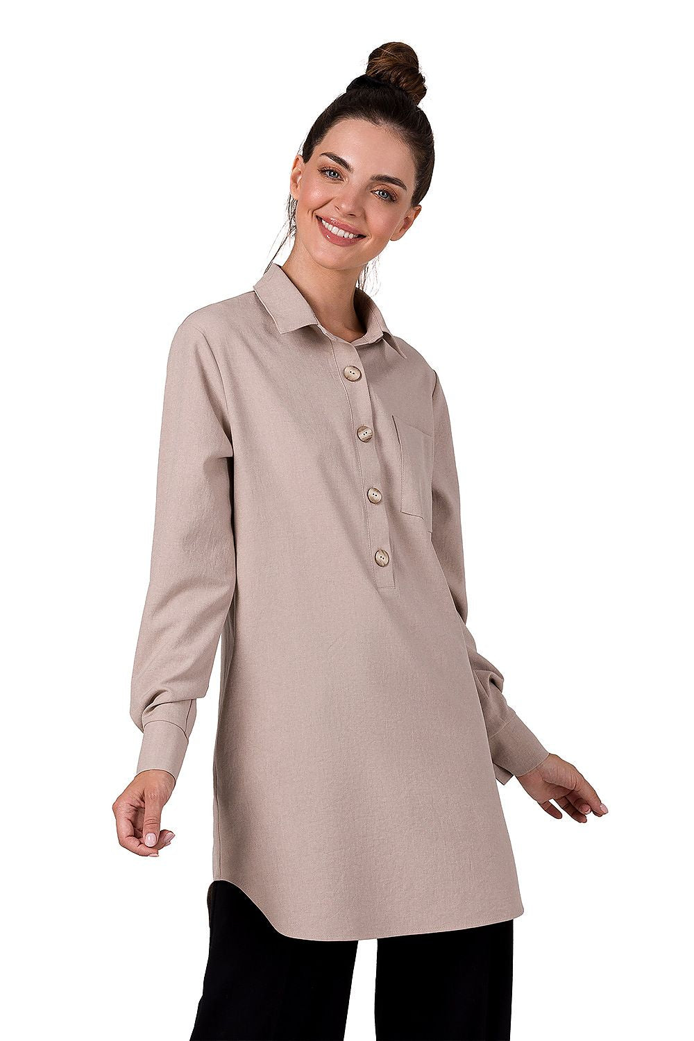 Elegant BeWear Tunic with Collar and Button Cuffs in luxurious design, crafted in Poland from 100% Polyester, showcasing a unique style for upscale fashion.