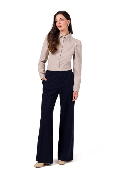 Luxurious Women's Wide Leg Trousers in soft cotton knit from BeWear, featuring an elastic waist and stylish side pockets for a comfortable fit.