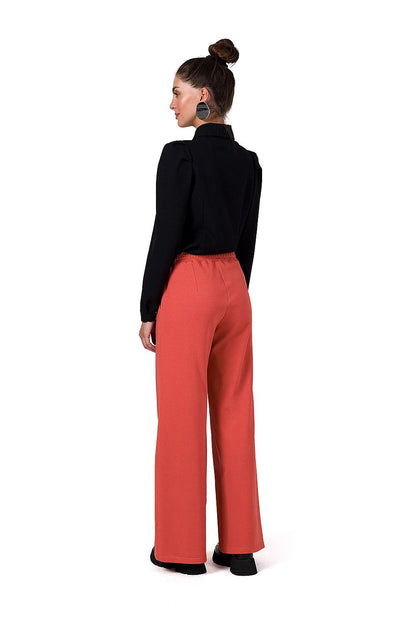 Luxurious wide leg trousers for women by BeWear, featuring a soft cotton knit fabric, elastic waist for comfort, and stylish side pockets, perfect for chic and casual looks.