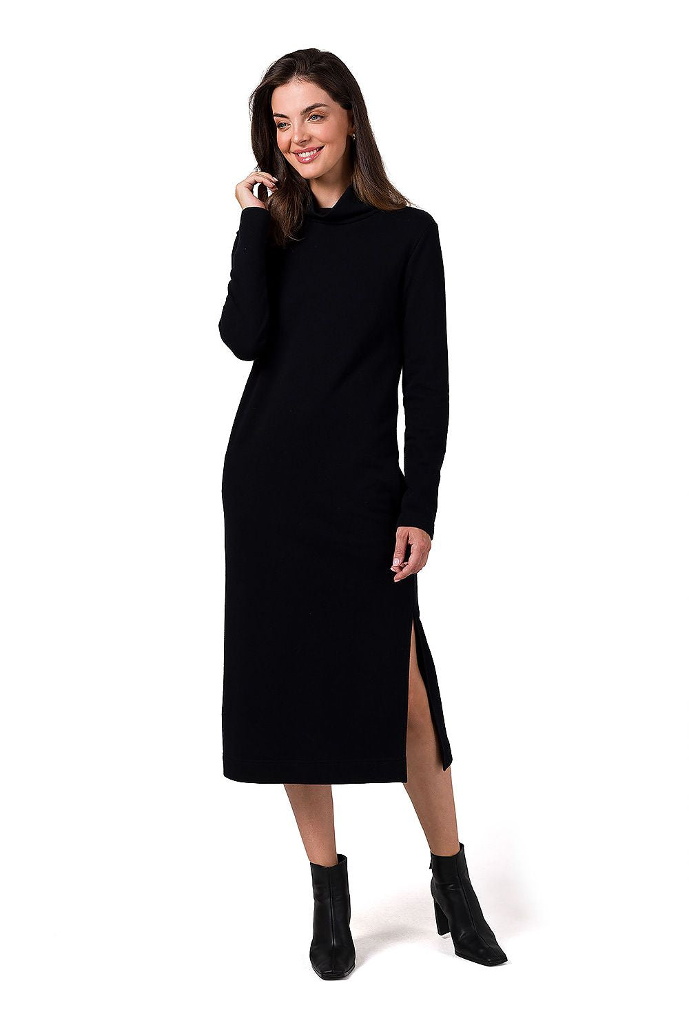 Side view of the BeWear midi dress highlighting its flattering silhouette, made of durable cotton knit, ideal for elegant occasions.