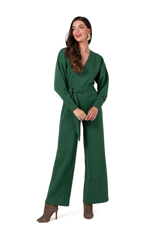 BeWear Women's Knit Jumpsuit in luxury style featuring a V neckline and wide-leg design for modern elegance.