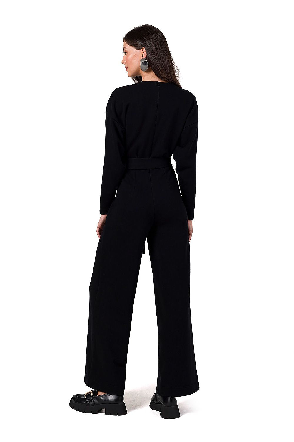 BeWear Women's Knit Jumpsuit With Belt featuring a V neckline and wide-leg design, showcasing modern comfort and elegance, perfect for any occasion.