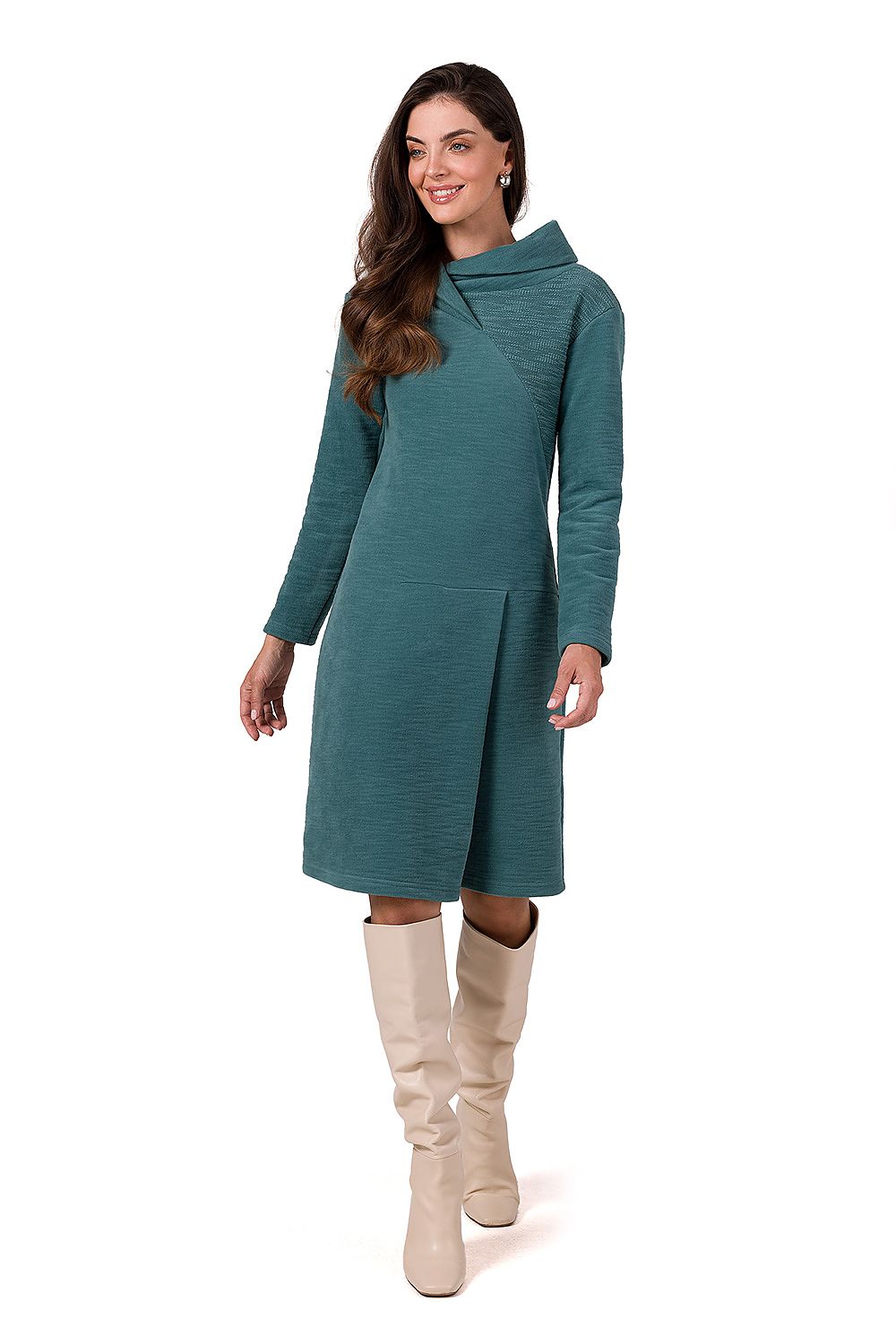 Elegant Midi Dress with High Collar and Long Sleeves by BeWear, Perfect for All Occasions.