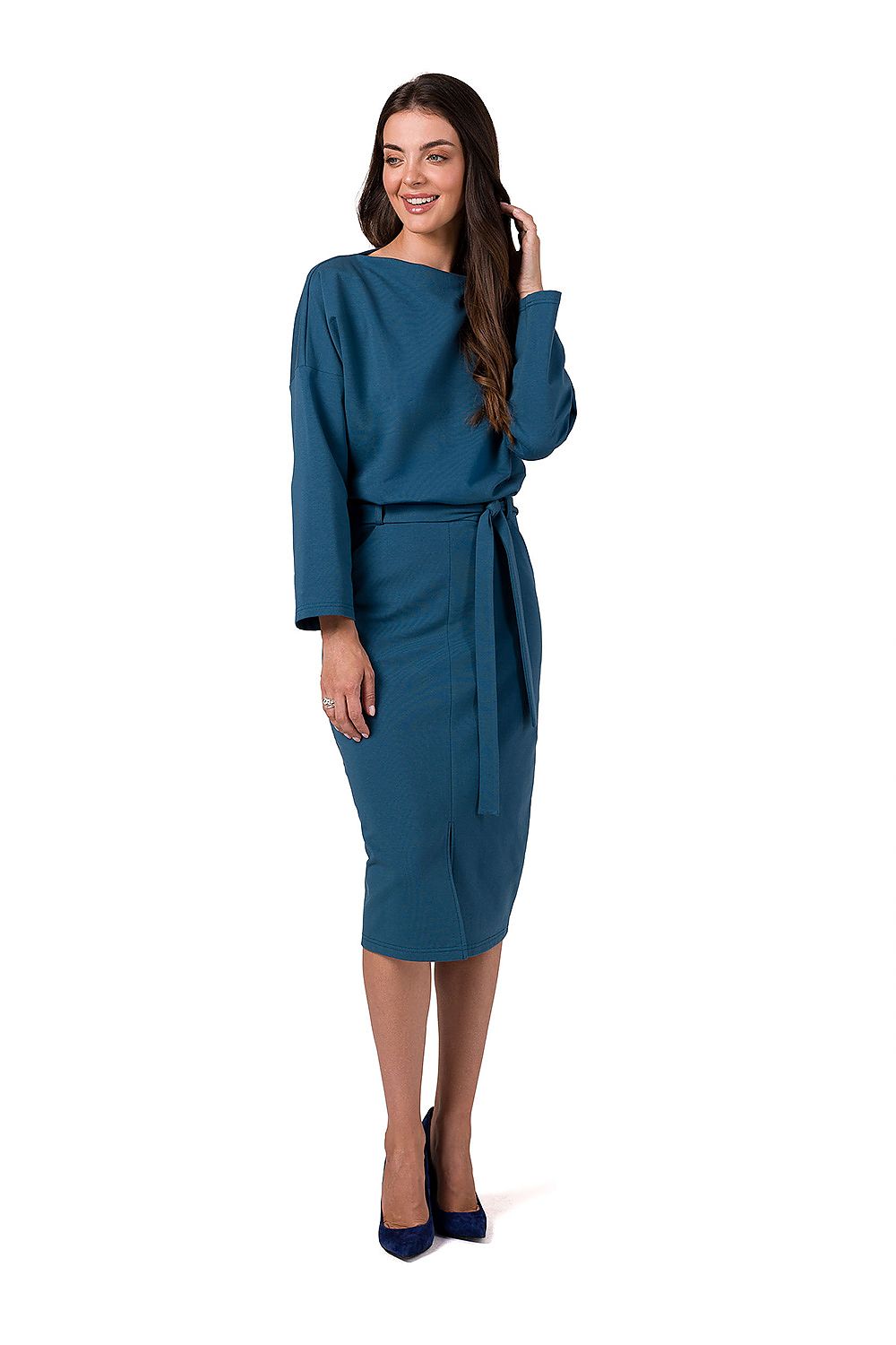 Elegant BeWear midi dress featuring a stylish kimono cut and waist tie, made from soft stretch knit fabric for ultimate comfort.