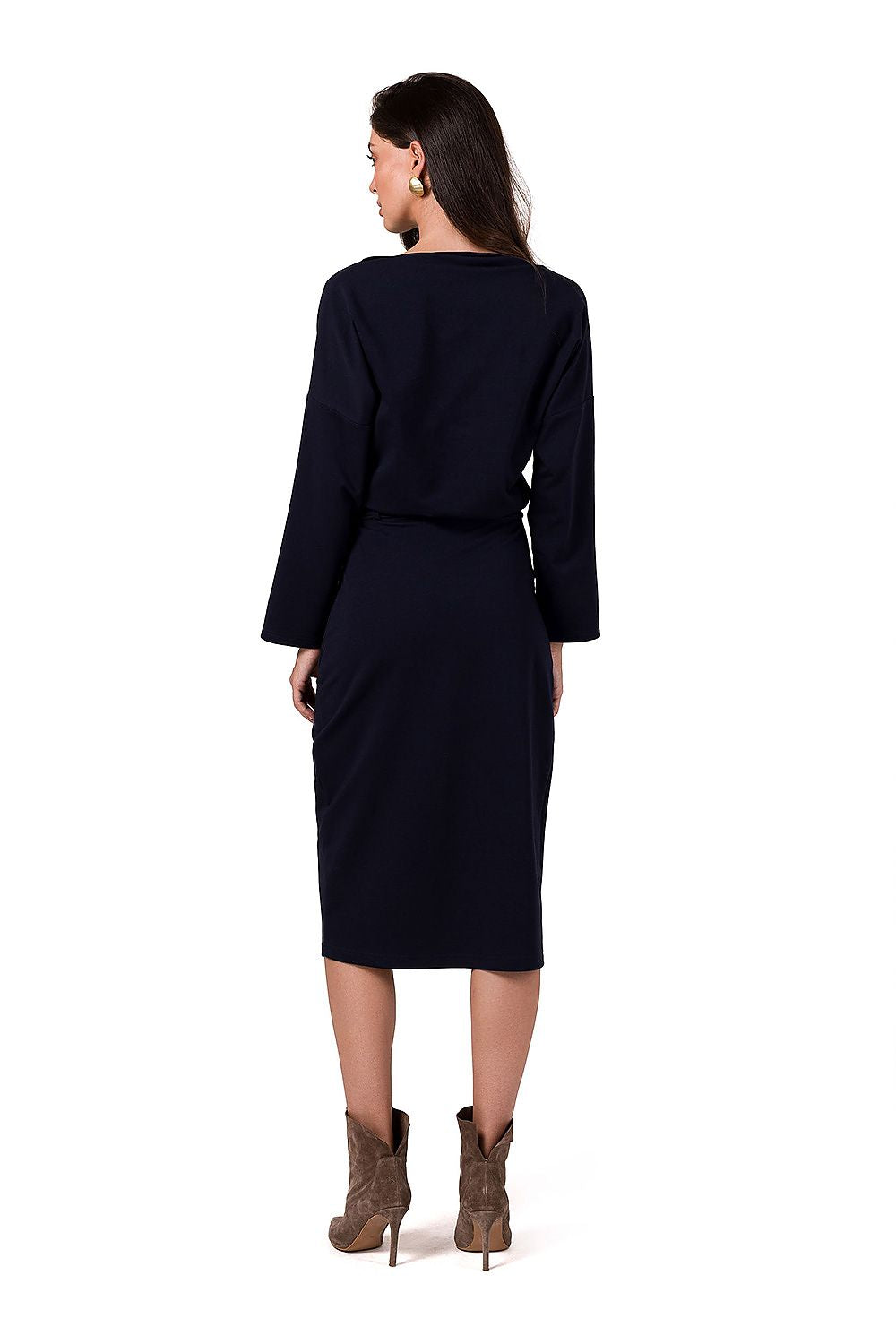The BeWear midi dress elegantly styled with a belt around the waist, highlighting its chic pencil skirt and modern silhouette.