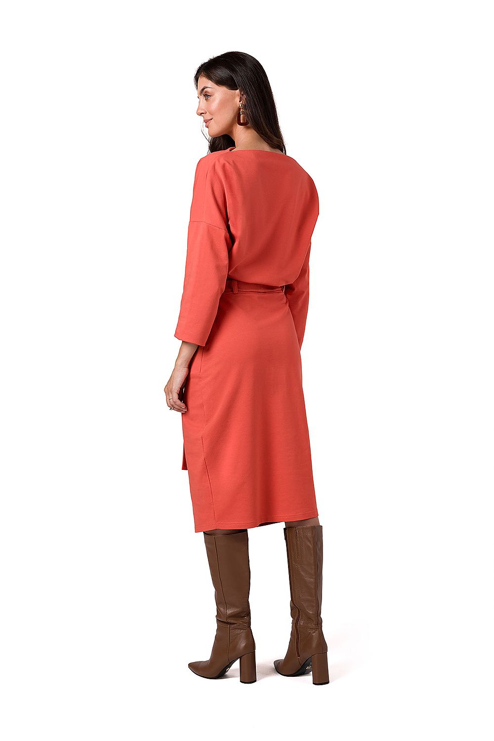 Elegant BeWear midi dress with kimono cut and waist tie, crafted from soft stretchy knit fabric, ideal for luxury occasions.