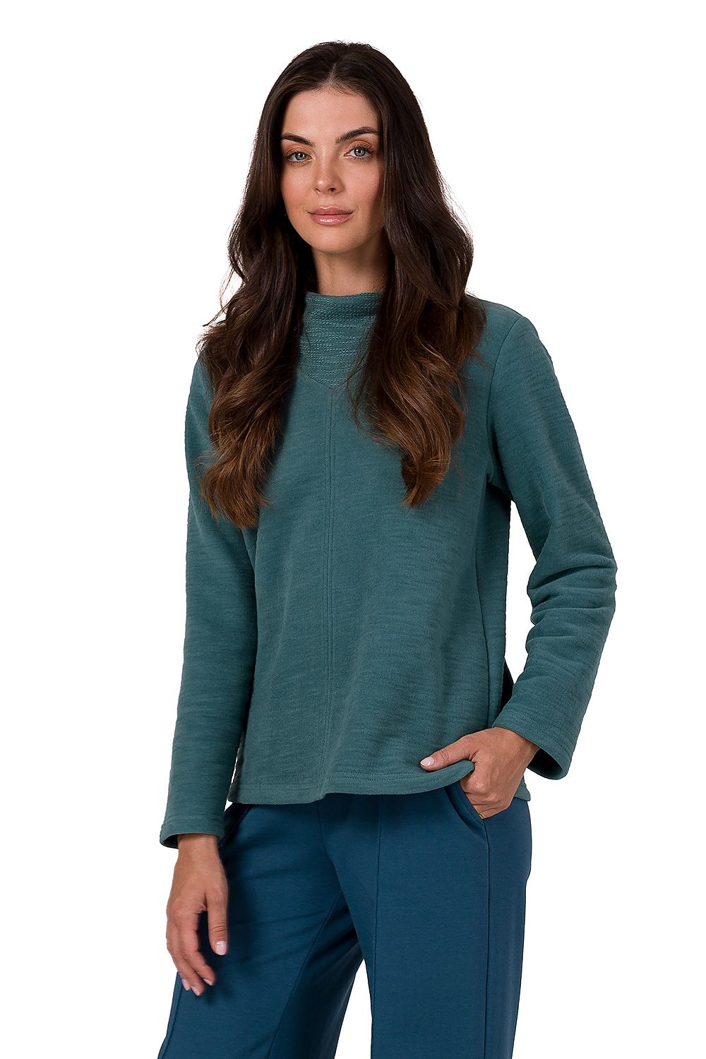 Chic Women's BeWear Turtleneck Sweatshirt featuring a distinct structured knit, providing all-day wearability while maintaining a fashionable appeal.