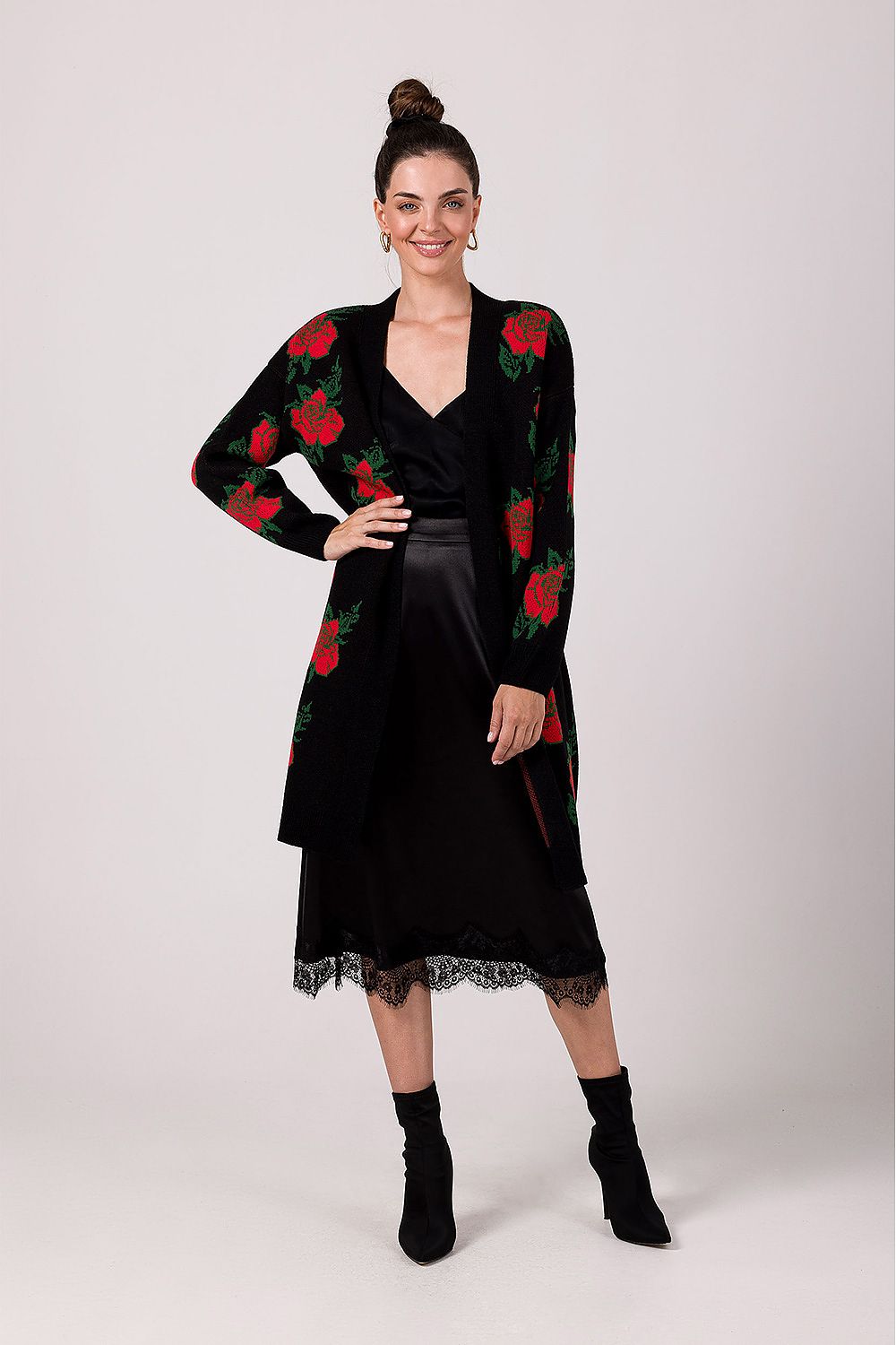 Elegant beige floral cardigan by BE Knit, showcasing soft acrylic fabric and a charming rose motif, ideal for casual chic occasions.