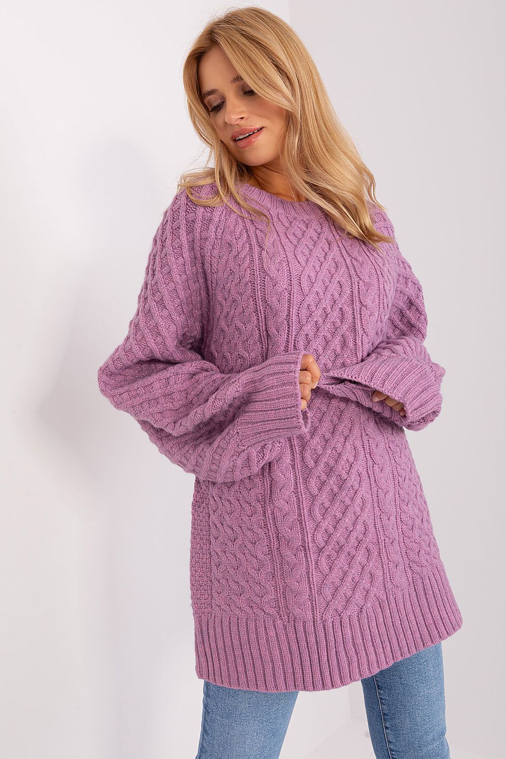 Elegant oversized long sweater dress by AT, showcasing a unique variegated acrylic blend texture, perfect for cold days.