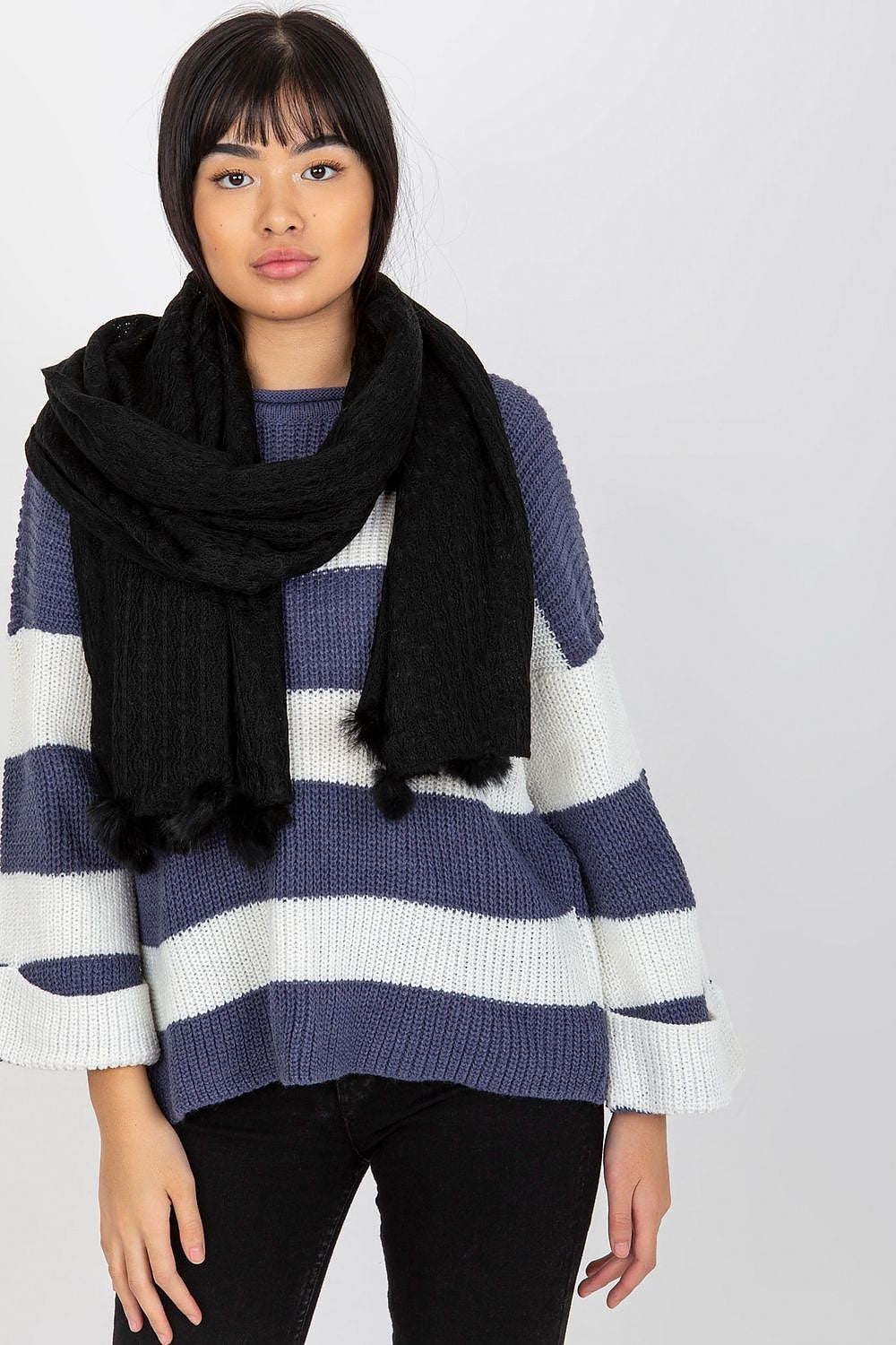 Luxurious extra long 206 cm acrylic winter shawl adorned with decorative pom-poms, perfect for adding warmth and elegance to your winter wardrobe.